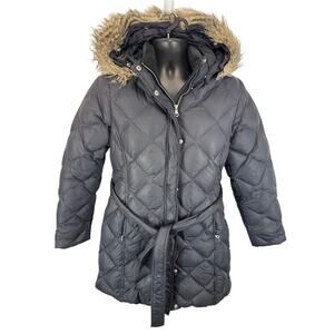 Eddie Bauer Quilted Puffer Parka Jacket Medium 700 Fill Down Faux Fur Trim Belt